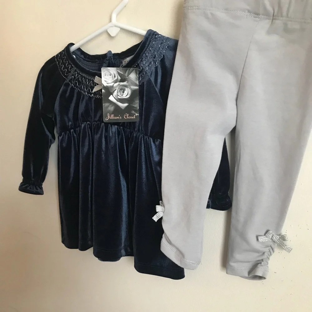 💙 Baby Girl Blue Velvet Silver Bow Dress Set NWT
